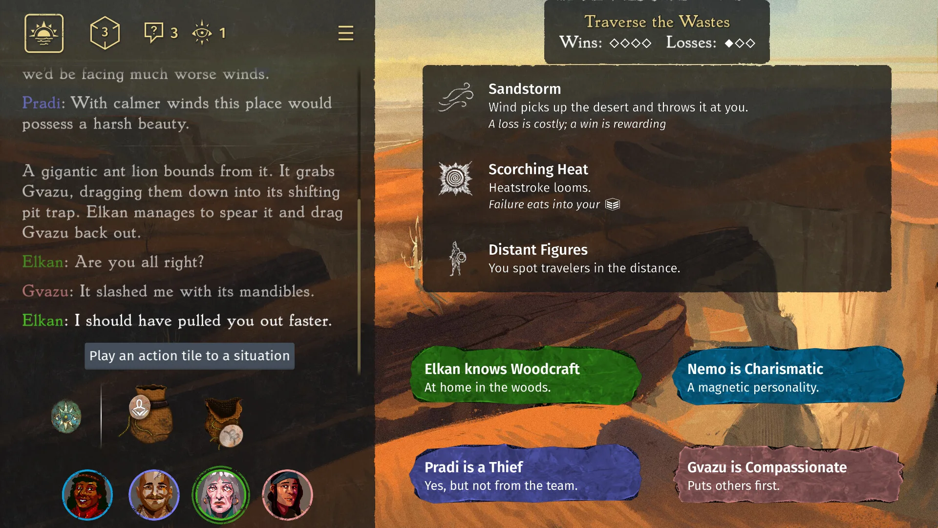 Thousand Hells tactical narrative encounter interface with situations, action choices, and party portraits