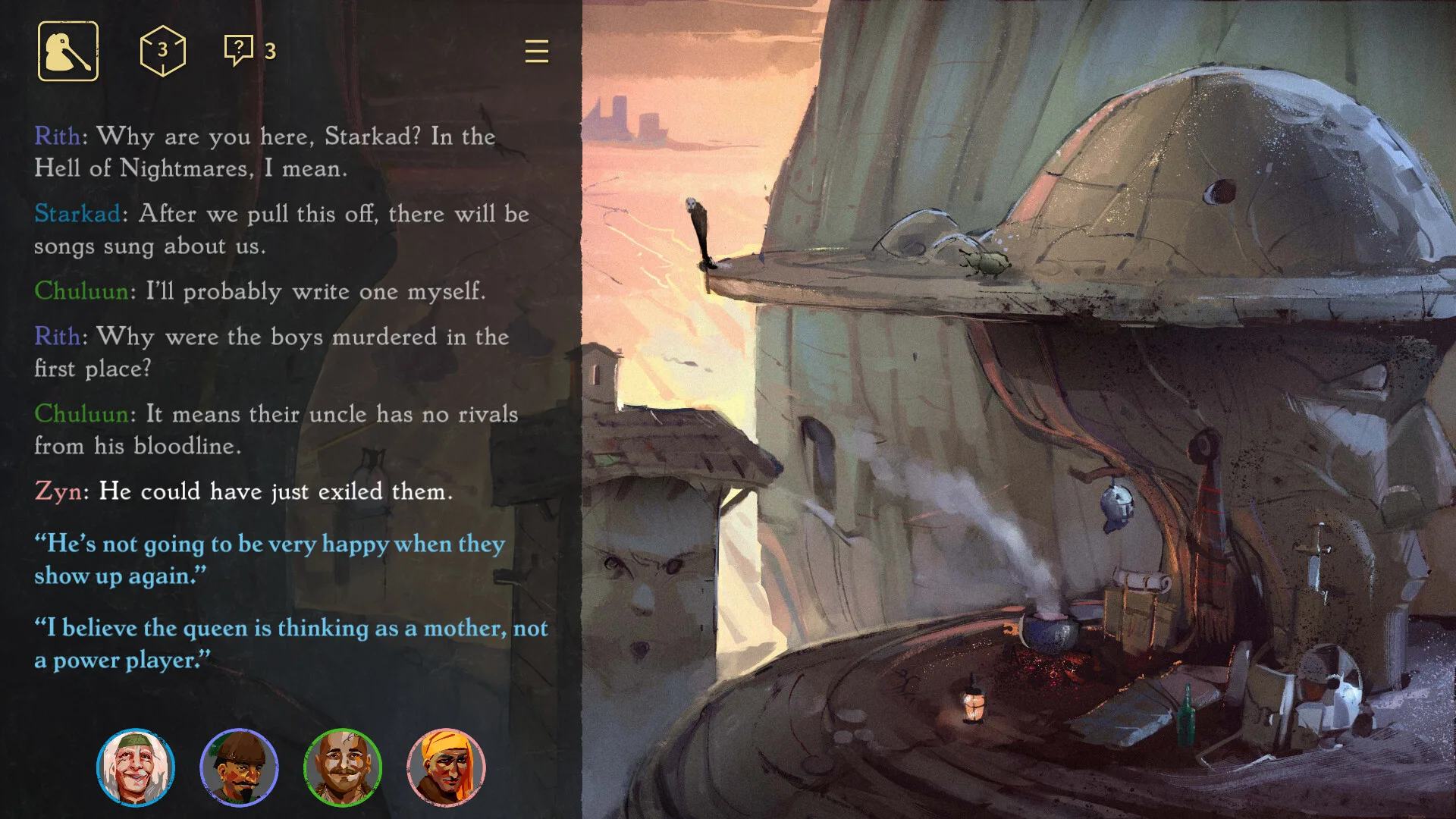 Thousand Hells journey interface showing the party portraits, story text, and illustrated environment