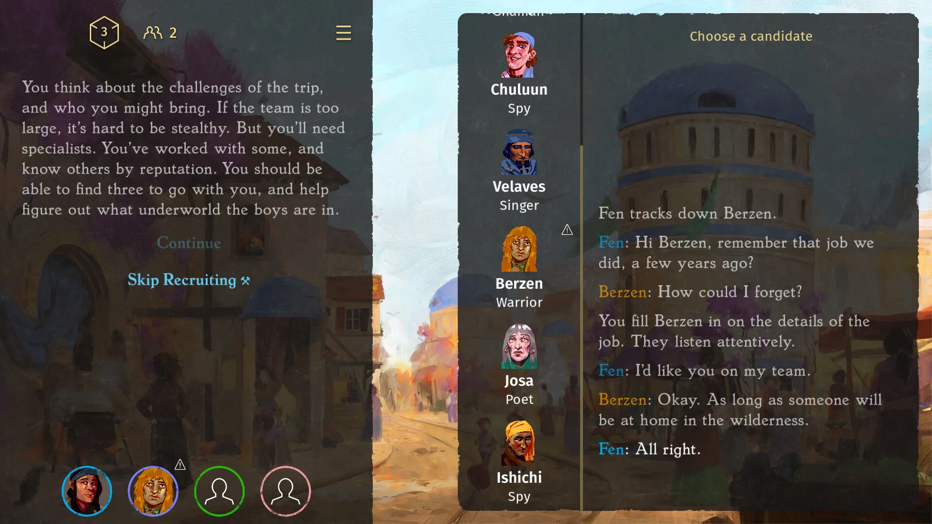 Thousand Hells recruitment interface showing a selectable candidate and the current party roster